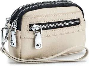 Genuine Leather Mini Wristlet Wallet for Women, 3 Zipped Coin Purse Small Pouch with Wristlet Strap (Creamy)
