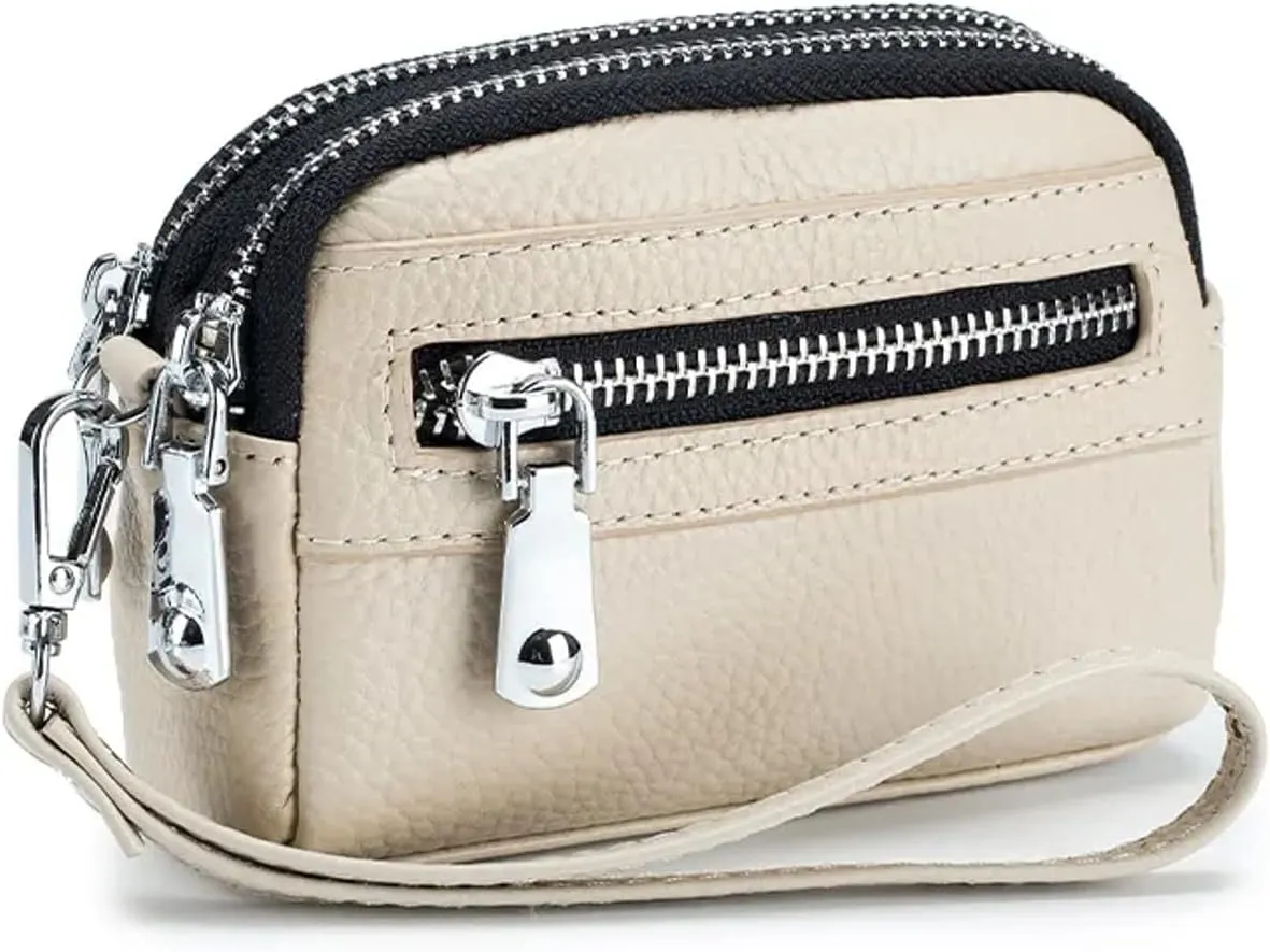 Genuine Leather Mini Wristlet Wallet for Women, 3 Zipped Coin Purse Small Pouch with Wristlet Strap (Creamy)