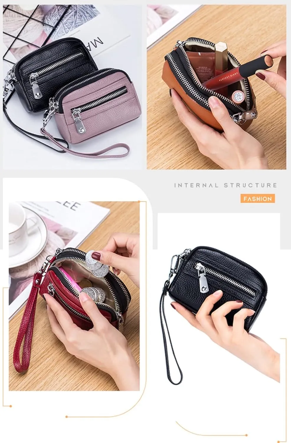 Genuine Leather Mini Wristlet Wallet for Women, 3 Zipped Coin Purse Small Pouch with Wristlet Strap (Creamy)