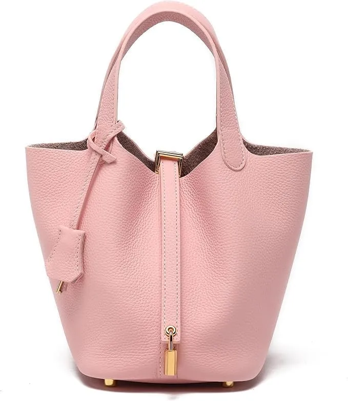 Genuine Leather Purses and Soft Bucket Bags, Stylish Lock Design Solid Color Tote Bag, Lychee Pattern Basket Bags