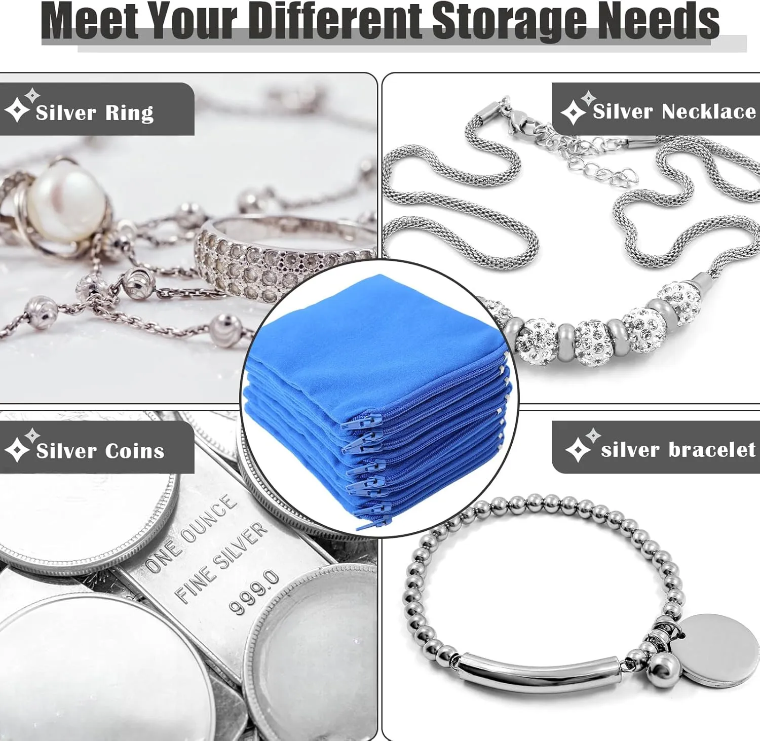 Geosar 24 Pcs Silver Storage Bags Anti Tarnish Jewelry Zippered Pouches Keeper for Silverware Protector Bags(4 x 4 Inch,Blue)