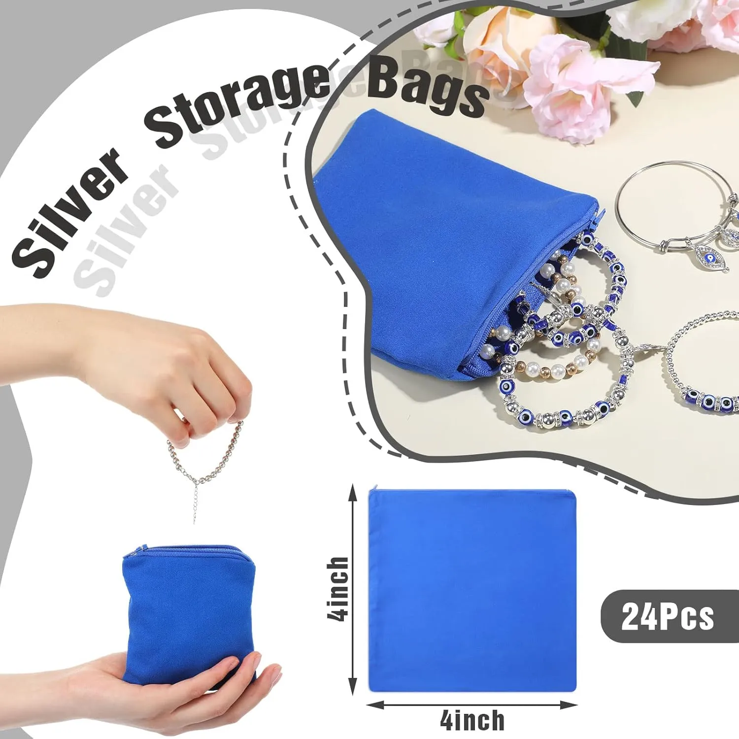 Geosar 24 Pcs Silver Storage Bags Anti Tarnish Jewelry Zippered Pouches Keeper for Silverware Protector Bags(4 x 4 Inch,Blue)