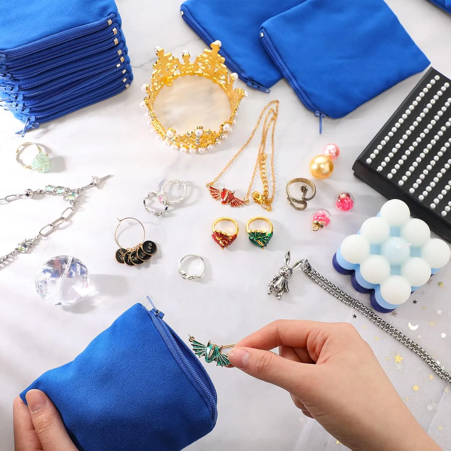Geosar 24 Pcs Silver Storage Bags Anti Tarnish Jewelry Zippered Pouches Keeper for Silverware Protector Bags(4 x 4 Inch,Blue)