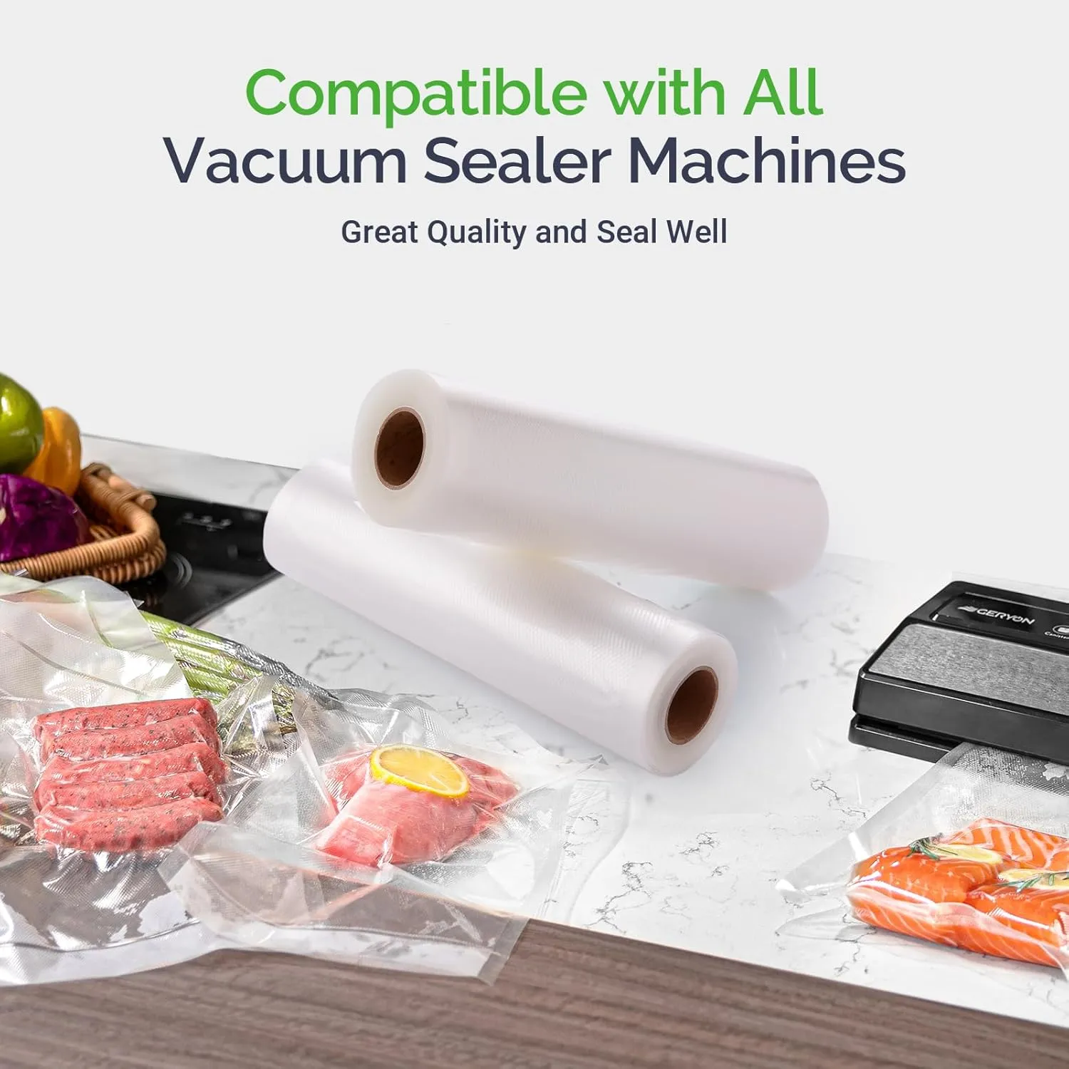 GERYON Vacuum Sealer Rolls, 2 Packs 8" x 50' Food Vacuum Sealer Bags Rolls Work with All Brand Food Sealer Machine