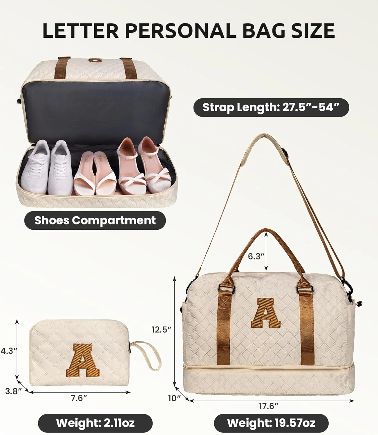 Gifts for Teenage Girls - Personalized Letter Duffle Bag with Shoe Compartment, Kids Overnight Bag, Women's Travel Bag, Gift for Women Friend (Letter A)