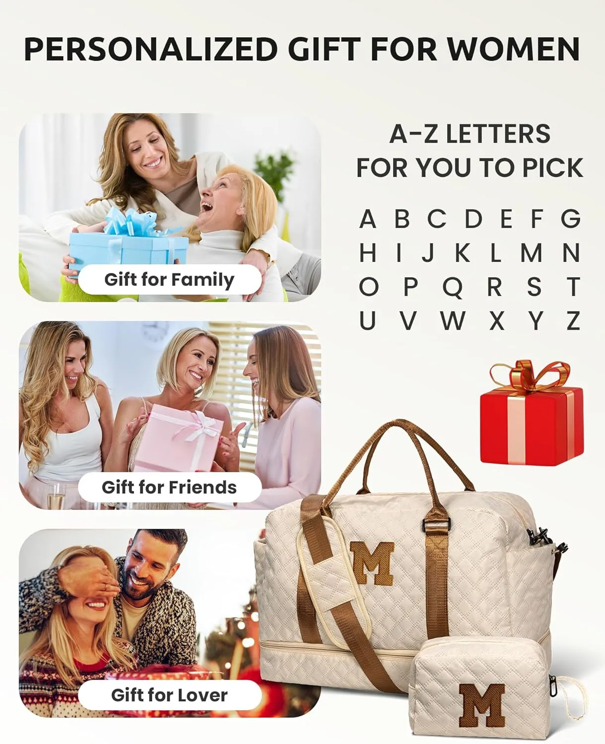 Gifts for Teenage Girls - Personalized Letter Duffle Bag with Shoe Compartment, Kids Overnight Bag, Women's Travel Bag, Gift for Women Friend (Letter A)