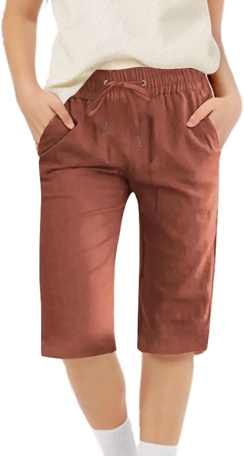 Girls Linen 𝐁ermuda Shorts with Pockets Solid Color Straight Leg Short Pants Fashion Elastic Waist Baggy Shorts
