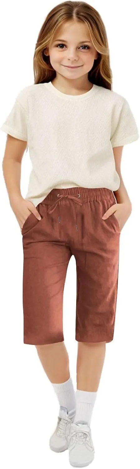 Girls Linen 𝐁ermuda Shorts with Pockets Solid Color Straight Leg Short Pants Fashion Elastic Waist Baggy Shorts