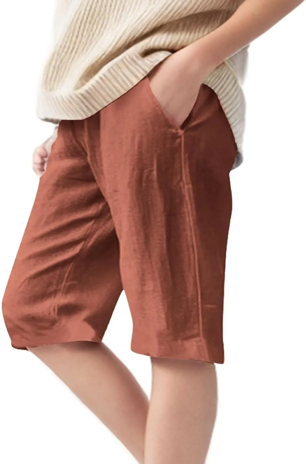 Girls Linen 𝐁ermuda Shorts with Pockets Solid Color Straight Leg Short Pants Fashion Elastic Waist Baggy Shorts