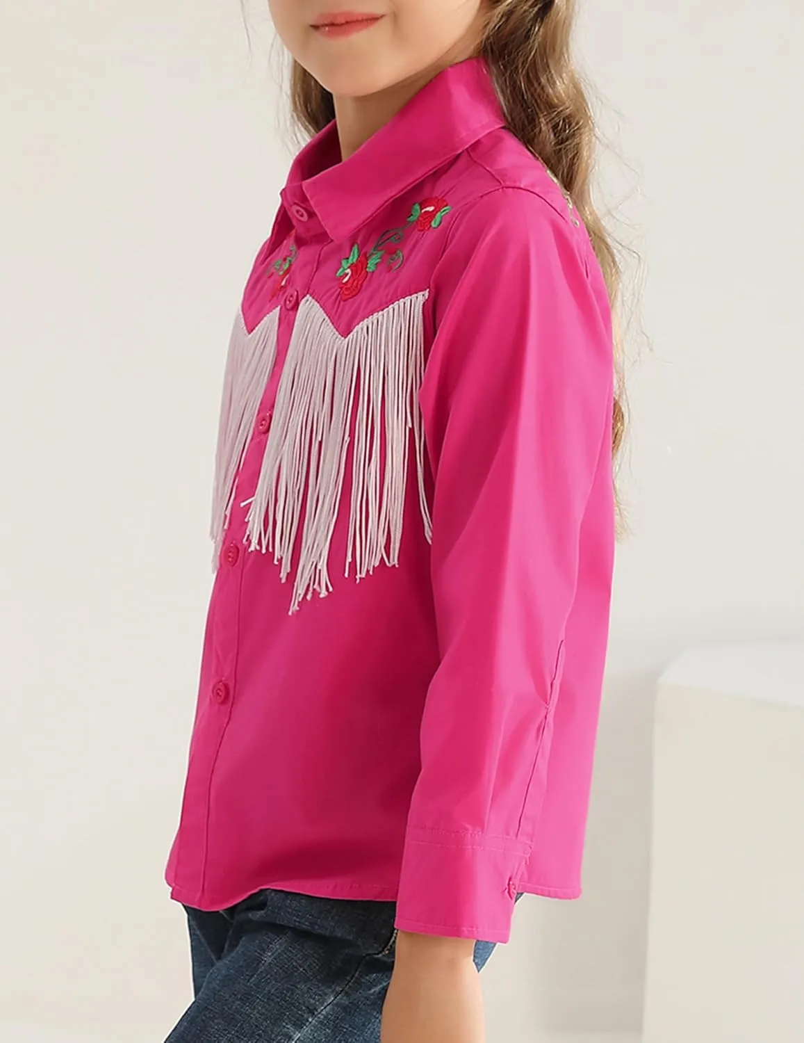 Girls Western Cowboy Fringe Shirt Long Sleeve Floral Embroidered Cute Collared Retro Casual Blouses Shirts