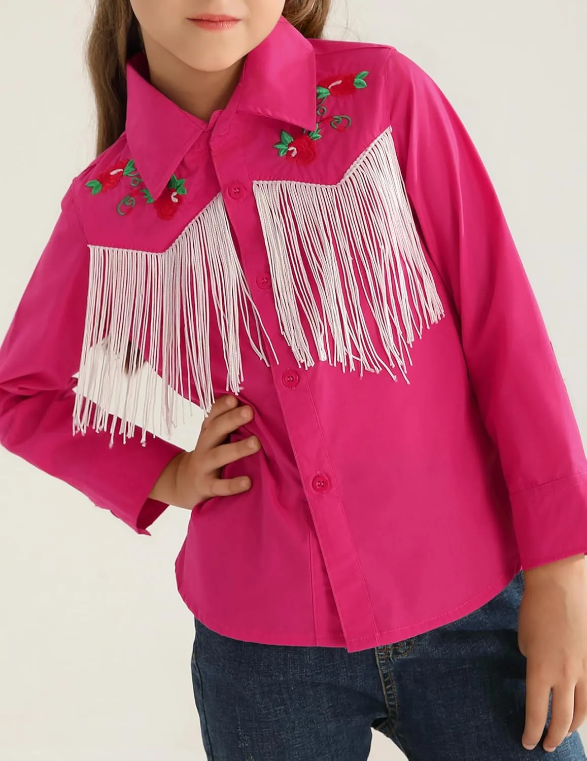 Girls Western Cowboy Fringe Shirt Long Sleeve Floral Embroidered Cute Collared Retro Casual Blouses Shirts