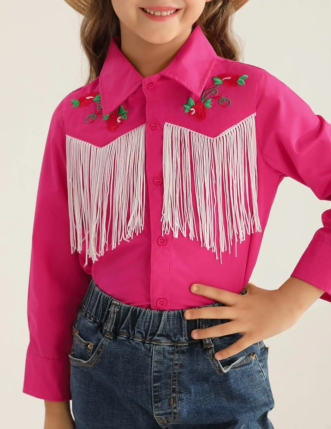 Girls Western Cowboy Fringe Shirt Long Sleeve Floral Embroidered Cute Collared Retro Casual Blouses Shirts