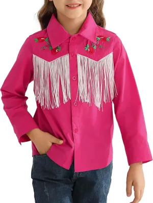 Girls Western Cowboy Fringe Shirt Long Sleeve Floral Embroidered Cute Collared Retro Casual Blouses Shirts