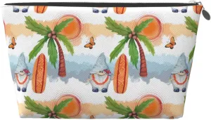Gnome and Surfing Makeup Bag Travel Toiletry Bag for Women Leather Waterproof Portable Pouch Bag Large Capacity Zipper Makeup Skincare Pouch Organizer