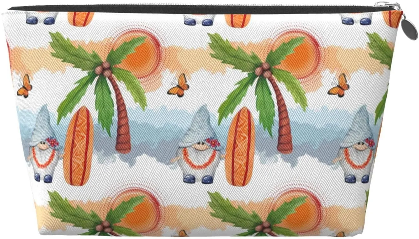 Gnome and Surfing Makeup Bag Travel Toiletry Bag for Women Leather Waterproof Portable Pouch Bag Large Capacity Zipper Makeup Skincare Pouch Organizer
