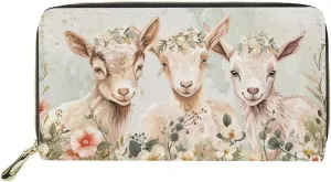 Goat Wallet for Women, Soft Pu Leather Satchel Purse Long Slim Wallet Clutch Bag, Zipper Around Purse Clutch Bag for Travel, Gift for Mom, Green and Beige, 20cm(L)*2.5cm(W)*12cm(H)
