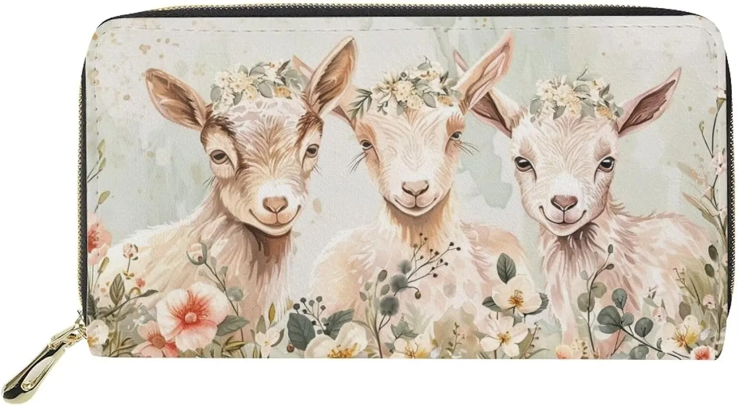 Goat Wallet for Women, Soft Pu Leather Satchel Purse Long Slim Wallet Clutch Bag, Zipper Around Purse Clutch Bag for Travel, Gift for Mom, Green and Beige, 20cm(L)*2.5cm(W)*12cm(H)