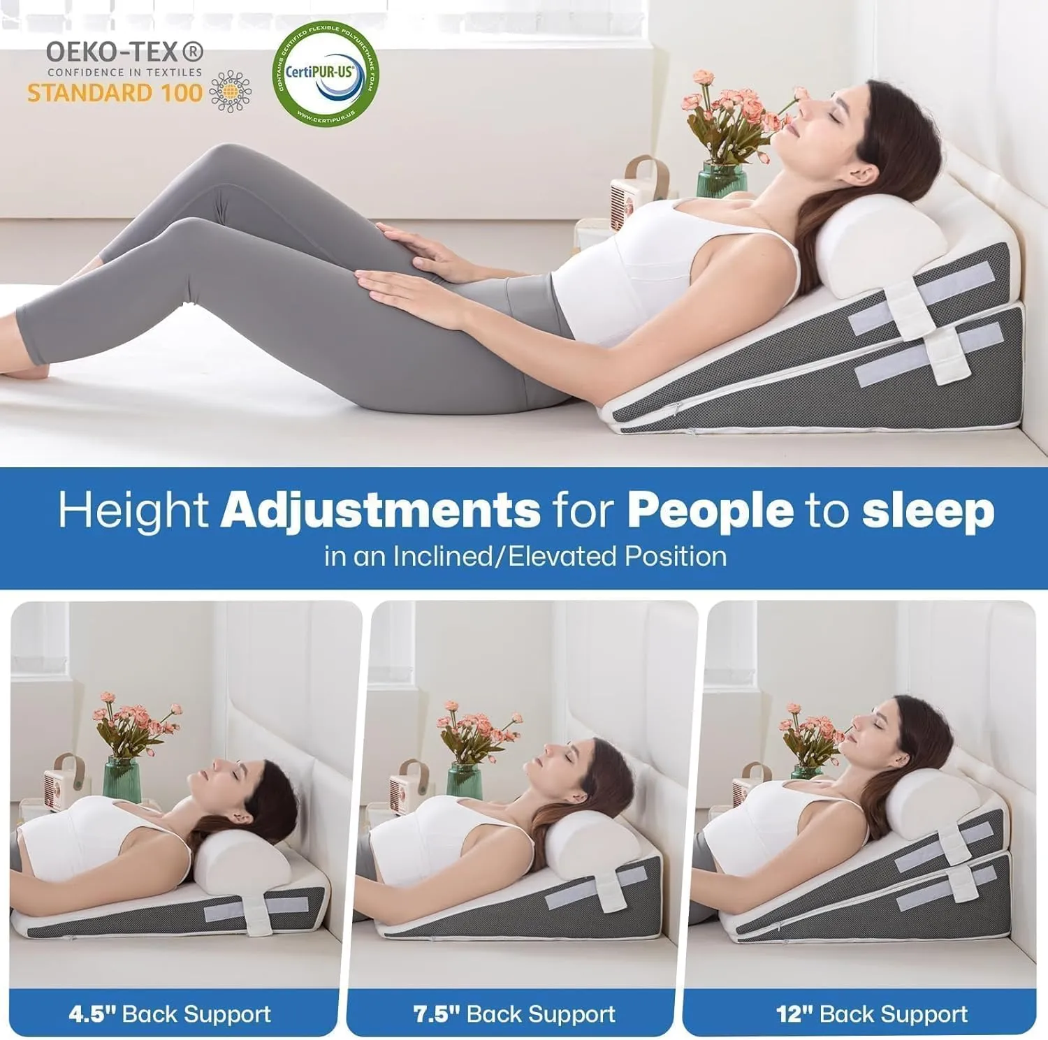 GOHOME Cooling Wedge Pillow Set for After Surgery, 3-Piece Adjustable Memory Foam Bed Wedge Pillow for Sleeping - Acid Reflux, Snoring, Neck Pain and Back Pain, White and Grey