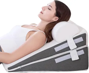GOHOME Cooling Wedge Pillow Set for After Surgery, 3-Piece Adjustable Memory Foam Bed Wedge Pillow for Sleeping - Acid Reflux, Snoring, Neck Pain and Back Pain, White and Grey