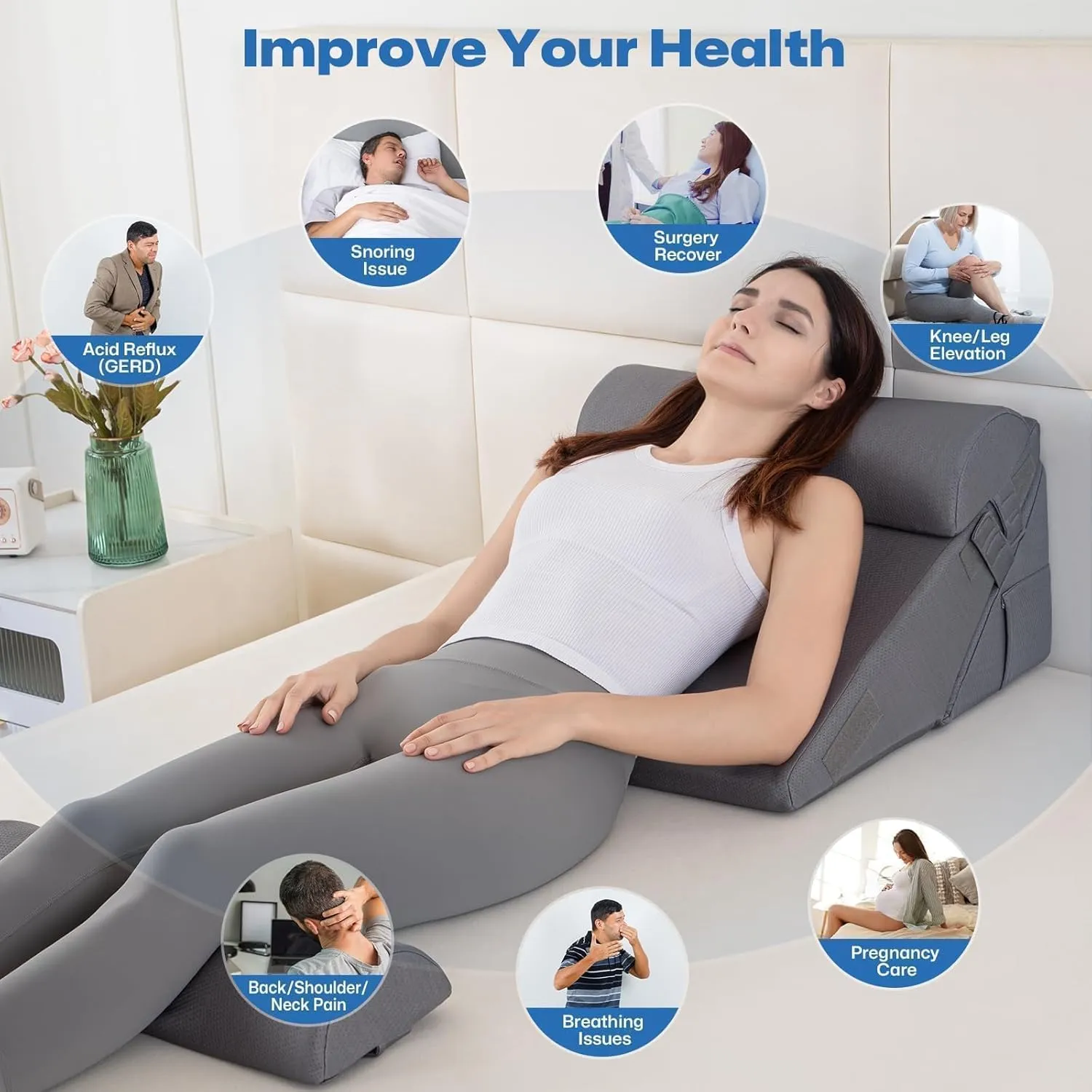 GOHOME Cooling Wedge Pillow Set for After Surgery, 4-Piece Adjustable Memory Foam Bed Wedge Pillow for Sleeping, Acid Reflux, Snoring, Neck Pain and Back Pain, Grey