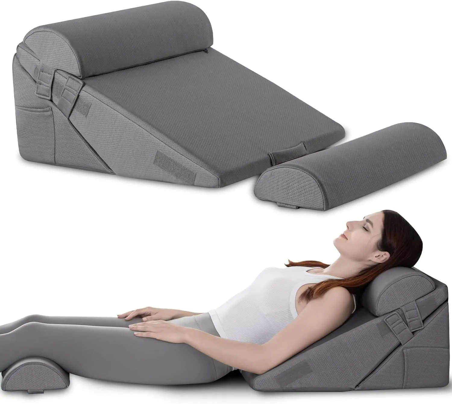 GOHOME Cooling Wedge Pillow Set for After Surgery, 4-Piece Adjustable Memory Foam Bed Wedge Pillow for Sleeping, Acid Reflux, Snoring, Neck Pain and Back Pain, Grey