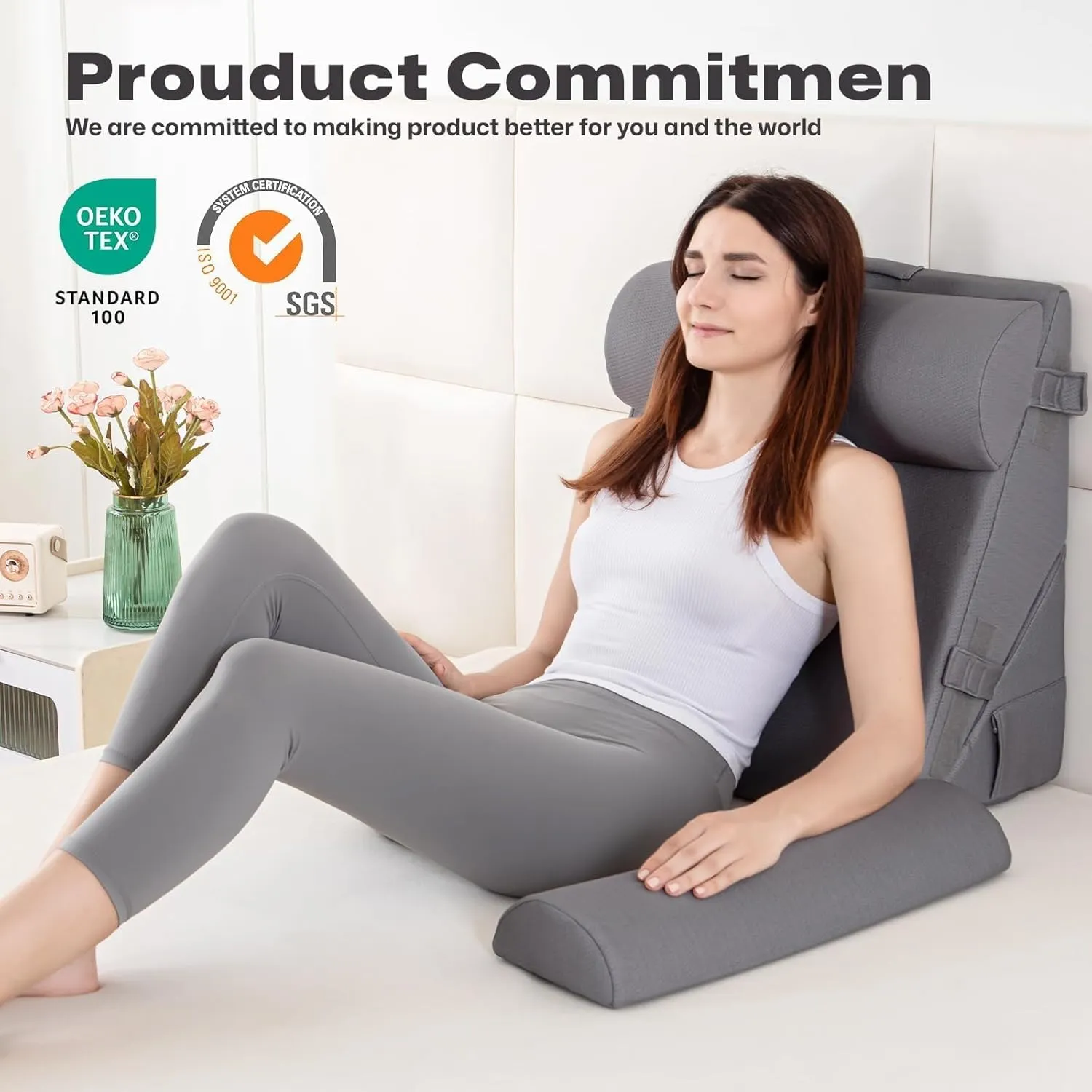 GOHOME Cooling Wedge Pillow Set for After Surgery, 4-Piece Adjustable Memory Foam Bed Wedge Pillow for Sleeping, Acid Reflux, Snoring, Neck Pain and Back Pain, Grey