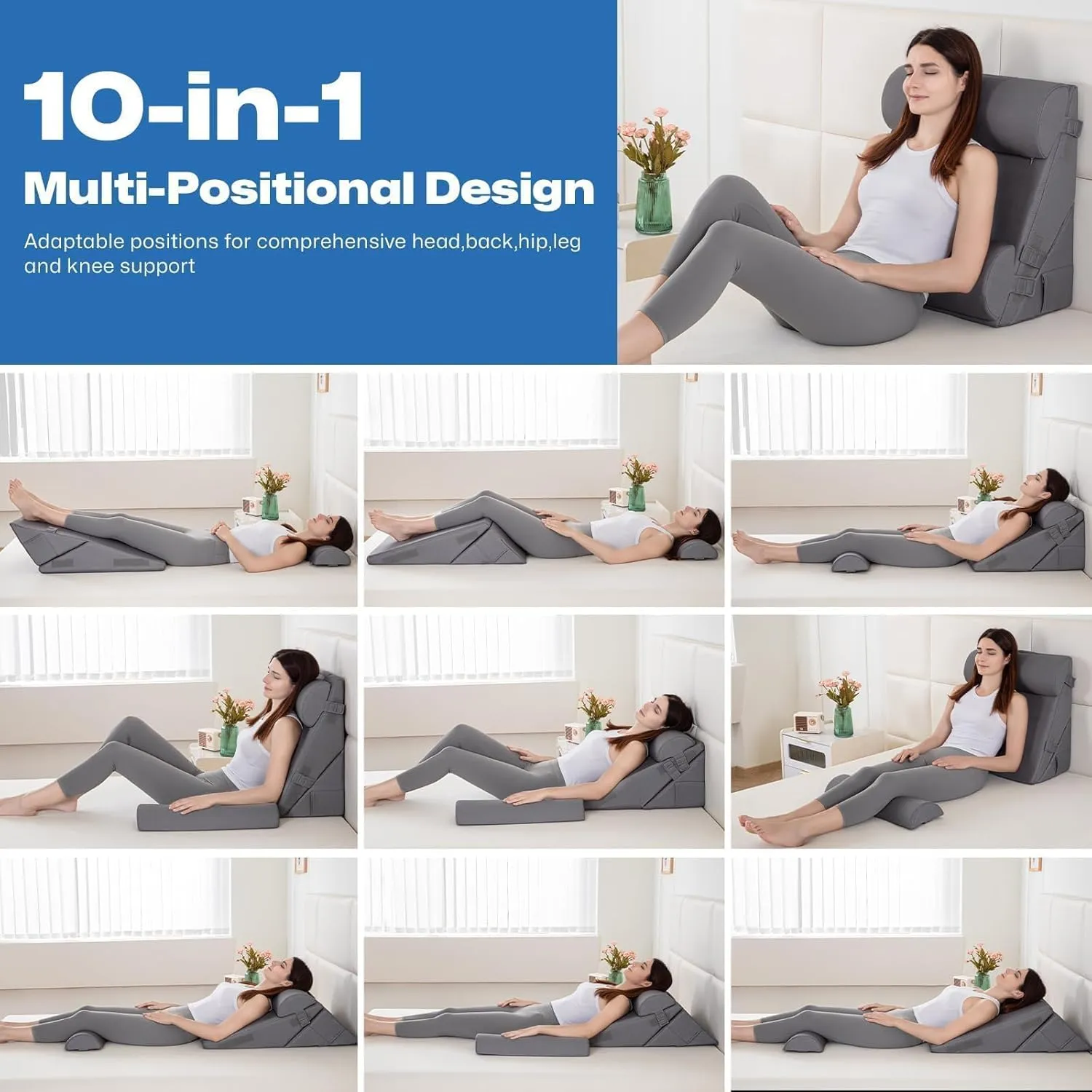 GOHOME Cooling Wedge Pillow Set for After Surgery, 4-Piece Adjustable Memory Foam Bed Wedge Pillow for Sleeping, Acid Reflux, Snoring, Neck Pain and Back Pain, Grey
