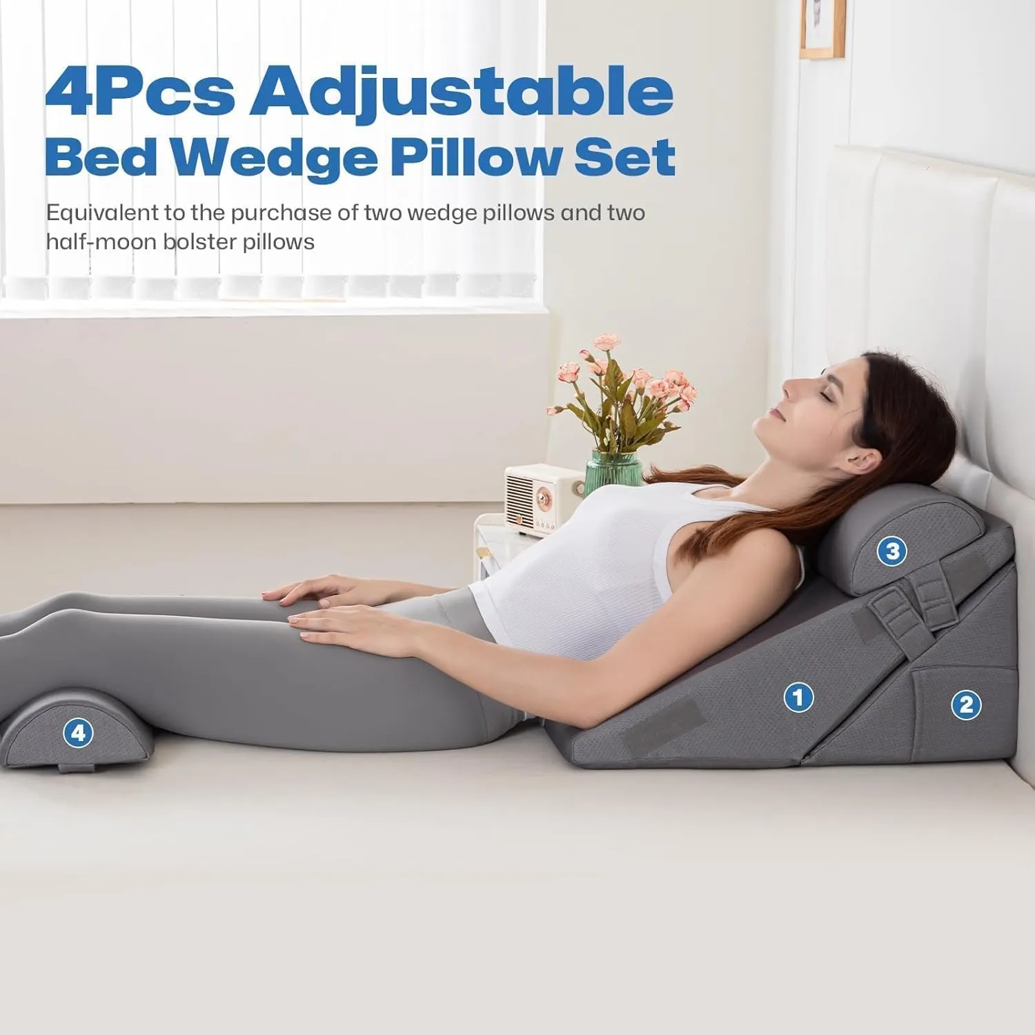 GOHOME Cooling Wedge Pillow Set for After Surgery, 4-Piece Adjustable Memory Foam Bed Wedge Pillow for Sleeping, Acid Reflux, Snoring, Neck Pain and Back Pain, Grey