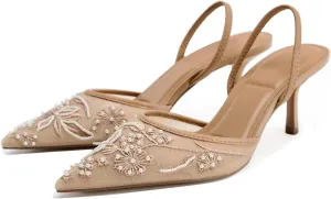 Goolita Beaded Embroidered Slingback Heels for Women, Sexy Pearl Kitten Heels Pointed Closed Toe Mesh Pumps Slip On Party Bridal Shoes for Wedding