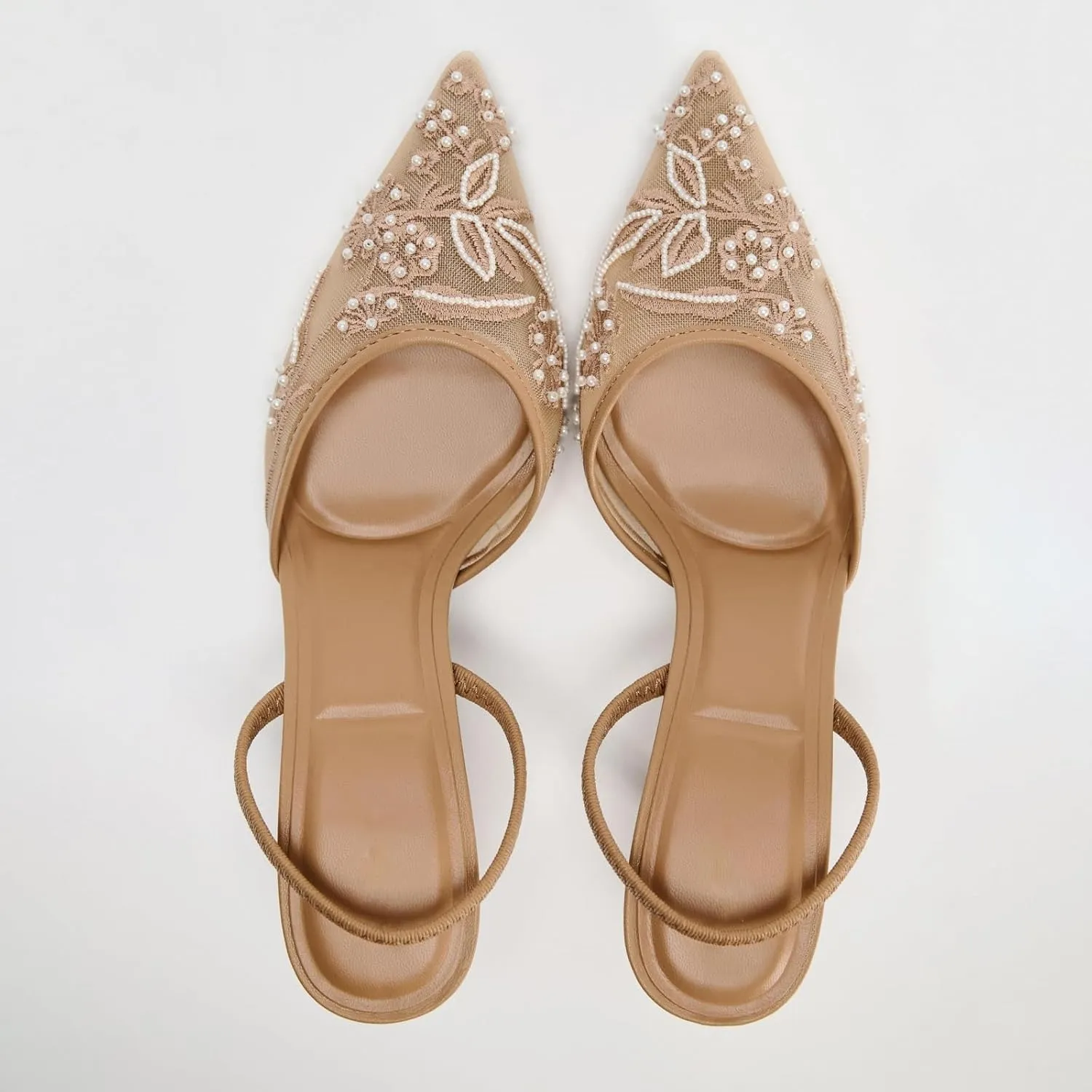 Goolita Beaded Embroidered Slingback Heels for Women, Sexy Pearl Kitten Heels Pointed Closed Toe Mesh Pumps Slip On Party Bridal Shoes for Wedding