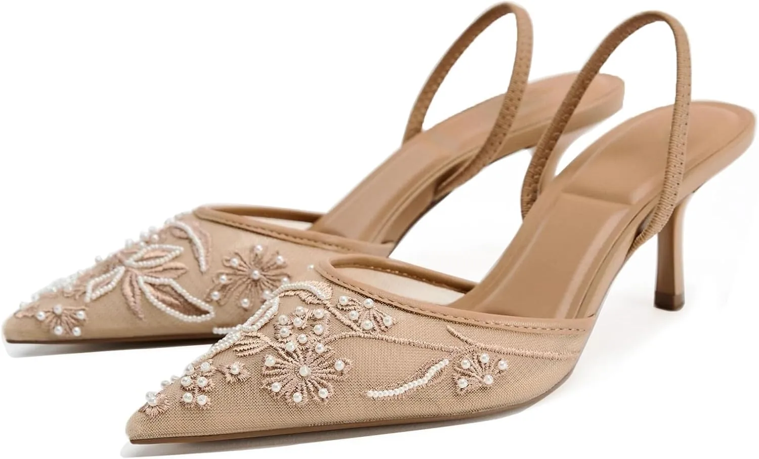 Goolita Beaded Embroidered Slingback Heels for Women, Sexy Pearl Kitten Heels Pointed Closed Toe Mesh Pumps Slip On Party Bridal Shoes for Wedding