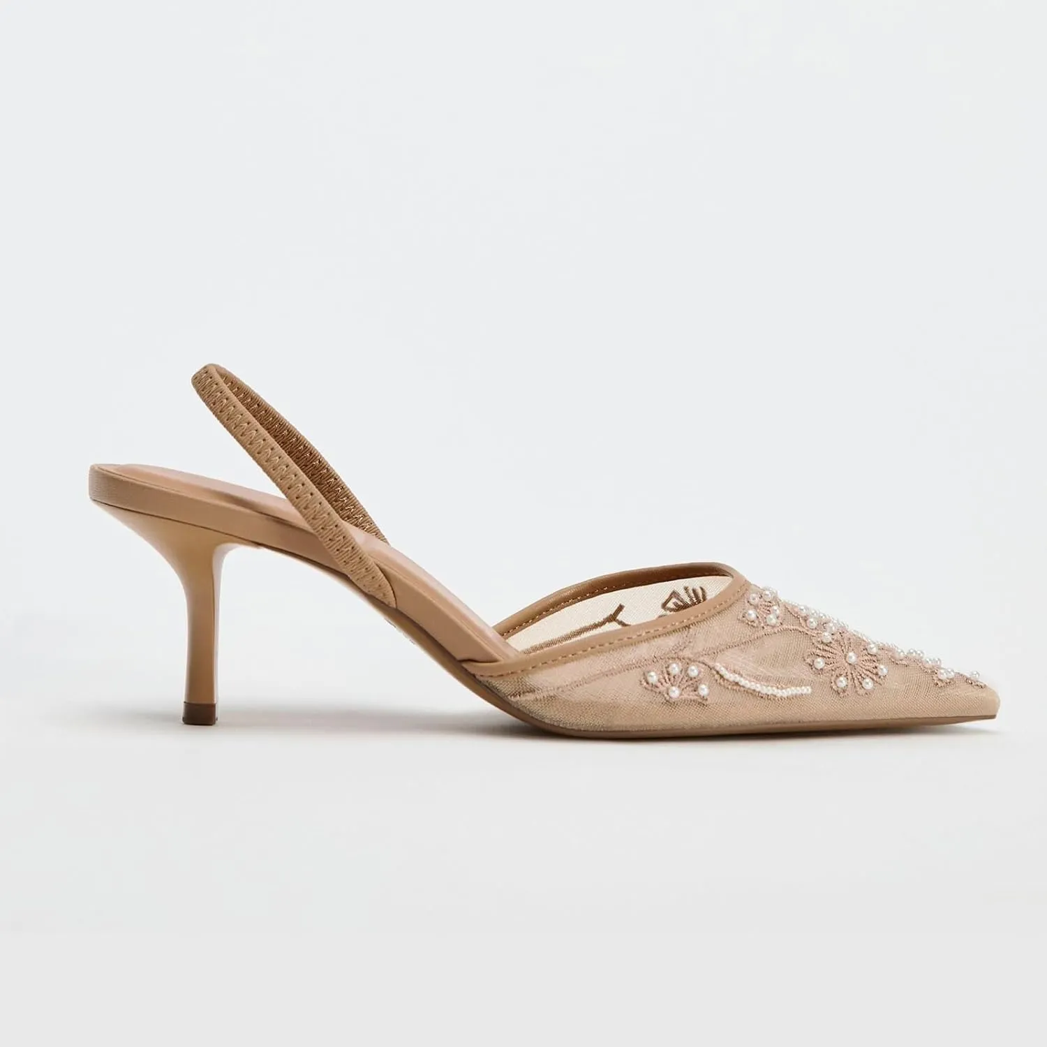 Goolita Beaded Embroidered Slingback Heels for Women, Sexy Pearl Kitten Heels Pointed Closed Toe Mesh Pumps Slip On Party Bridal Shoes for Wedding