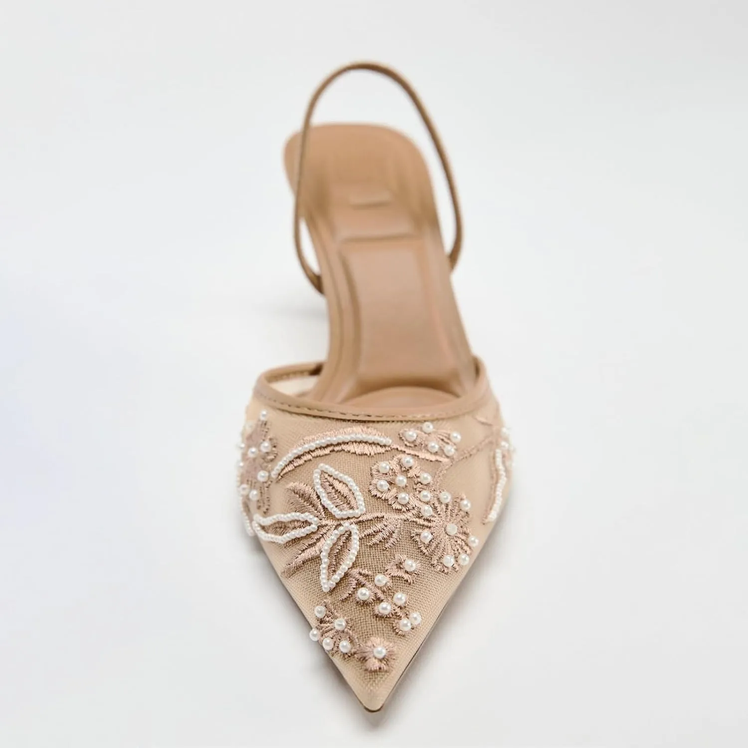 Goolita Beaded Embroidered Slingback Heels for Women, Sexy Pearl Kitten Heels Pointed Closed Toe Mesh Pumps Slip On Party Bridal Shoes for Wedding