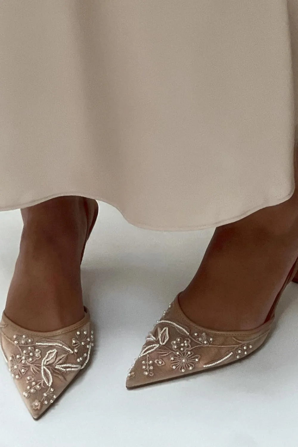Goolita Beaded Embroidered Slingback Heels for Women, Sexy Pearl Kitten Heels Pointed Closed Toe Mesh Pumps Slip On Party Bridal Shoes for Wedding