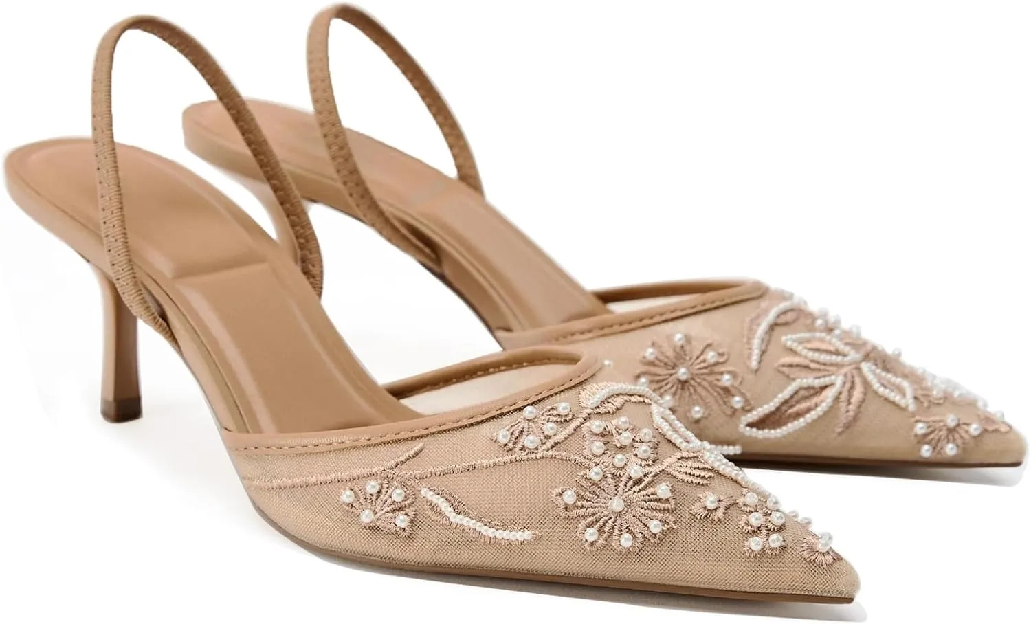Goolita Beaded Embroidered Slingback Heels for Women, Sexy Pearl Kitten Heels Pointed Closed Toe Mesh Pumps Slip On Party Bridal Shoes for Wedding