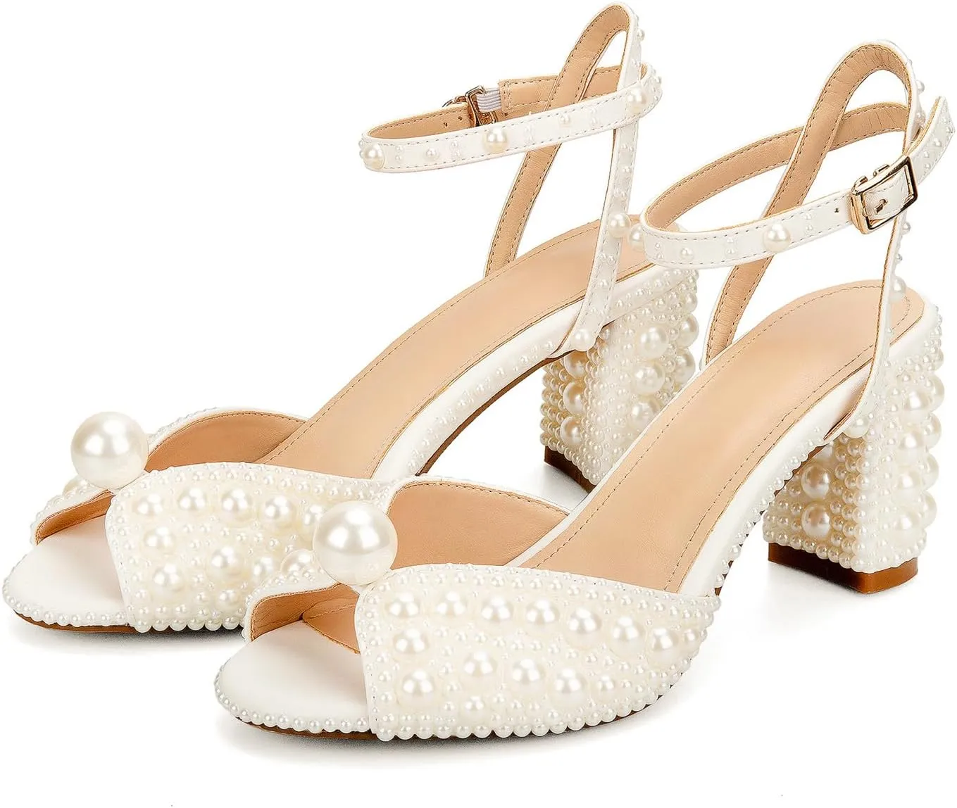 Goolita Full Pearl Heels For Women Block Buckle Ankle Strap Heeled Sandals Rhinestone Open Toe Evening Bridal Shoes For Wedding