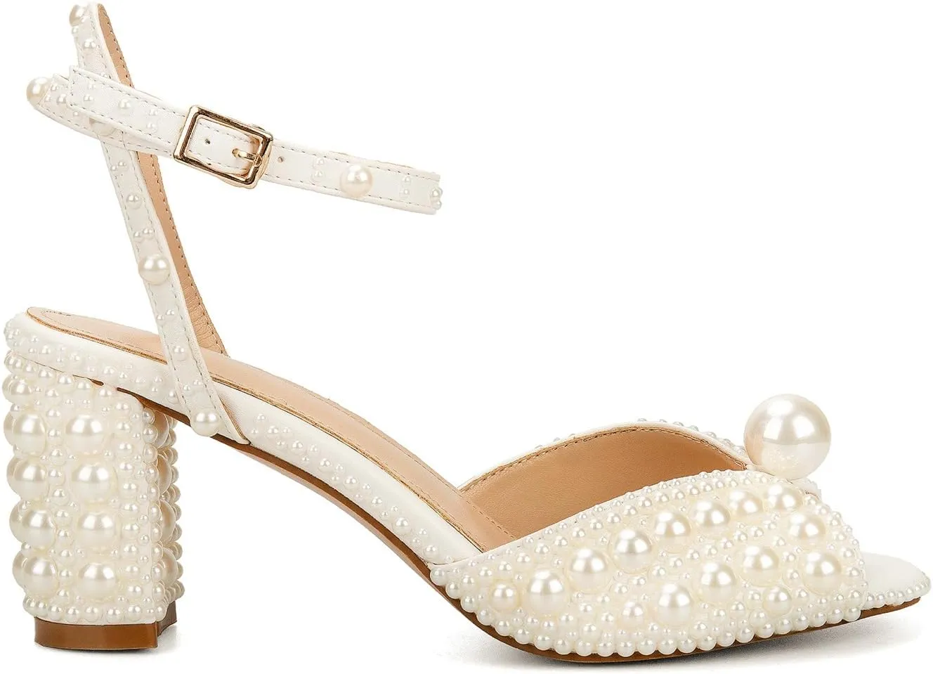 Goolita Full Pearl Heels For Women Block Buckle Ankle Strap Heeled Sandals Rhinestone Open Toe Evening Bridal Shoes For Wedding