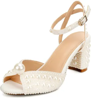 Goolita Full Pearl Heels For Women Block Buckle Ankle Strap Heeled Sandals Rhinestone Open Toe Evening Bridal Shoes For Wedding