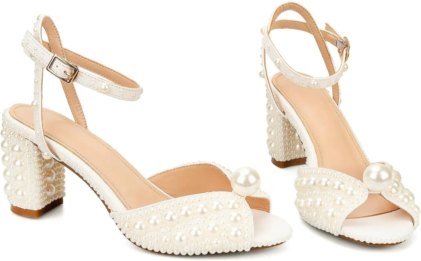 Goolita Full Pearl Heels For Women Block Buckle Ankle Strap Heeled Sandals Rhinestone Open Toe Evening Bridal Shoes For Wedding