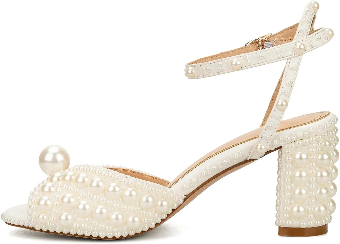 Goolita Full Pearl Heels For Women Block Buckle Ankle Strap Heeled Sandals Rhinestone Open Toe Evening Bridal Shoes For Wedding