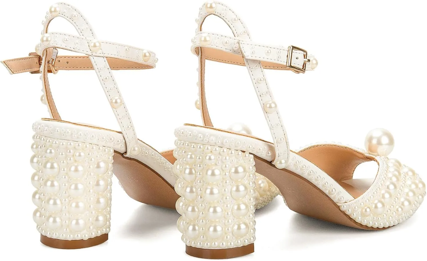Goolita Full Pearl Heels For Women Block Buckle Ankle Strap Heeled Sandals Rhinestone Open Toe Evening Bridal Shoes For Wedding