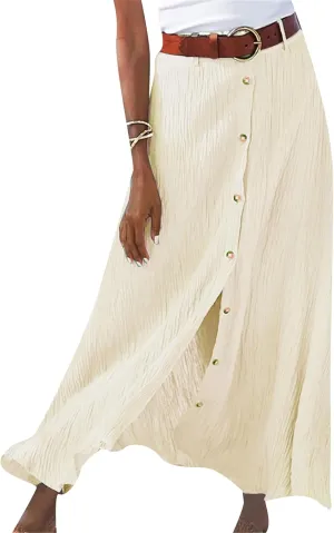 GORIFE Womens Soft Floor-Length Maxi Skirt Summer Solid Color Skirt Cotton Linen Button Front Maxi Skirt