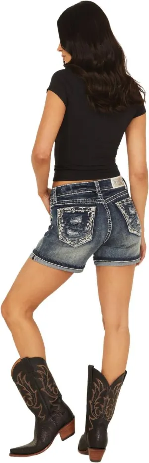 Grace in LA Women's in Medium Wash Mid Rise Embroidered Stretch Denim Shorts - EH51768 25
