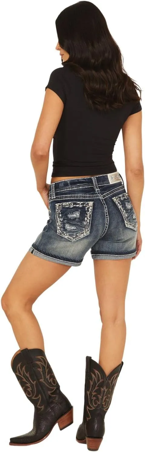 Grace in LA Women's in Medium Wash Mid Rise Embroidered Stretch Denim Shorts - EH51768 25
