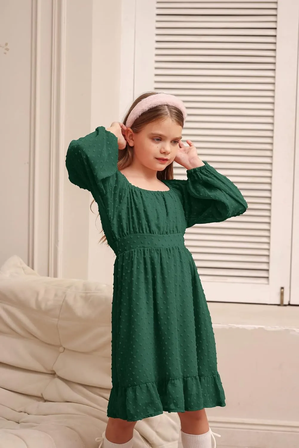 GRACE KARIN Girls Ruffle Tiered Dress Long Sleeve Swiss Dot Flowy A-Line Dress 6-14Y