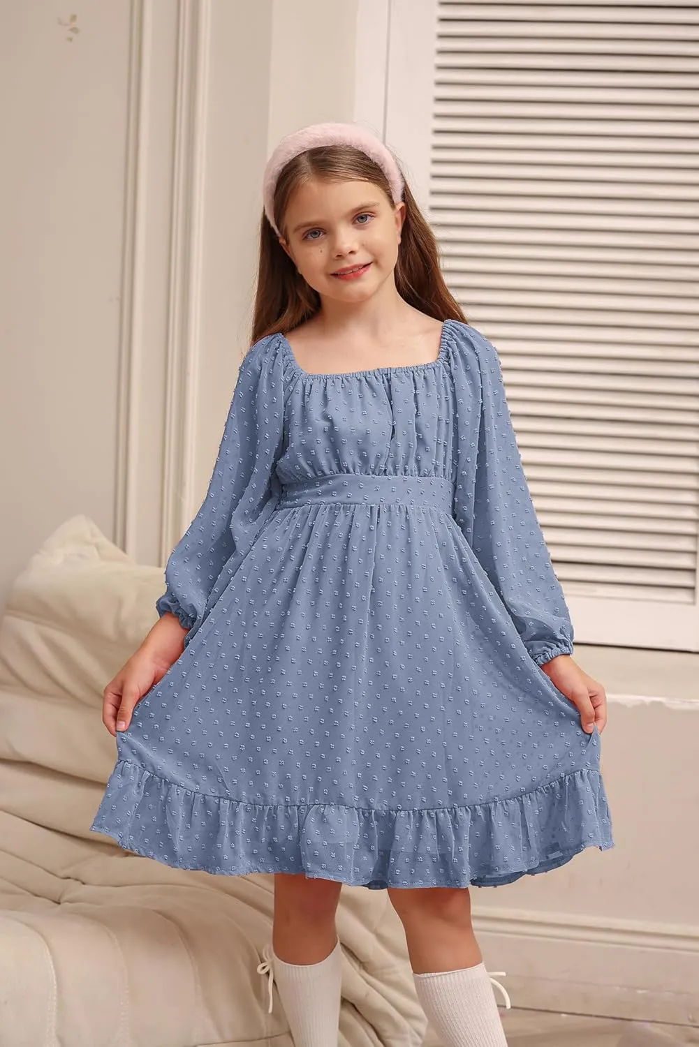 GRACE KARIN Girls Ruffle Tiered Dress Long Sleeve Swiss Dot Flowy A-Line Dress 6-14Y