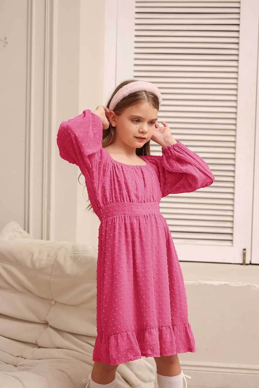 GRACE KARIN Girls Ruffle Tiered Dress Long Sleeve Swiss Dot Flowy A-Line Dress 6-14Y