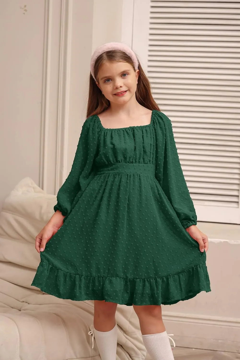 GRACE KARIN Girls Ruffle Tiered Dress Long Sleeve Swiss Dot Flowy A-Line Dress 6-14Y
