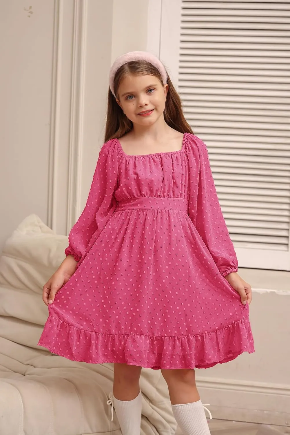 GRACE KARIN Girls Ruffle Tiered Dress Long Sleeve Swiss Dot Flowy A-Line Dress 6-14Y