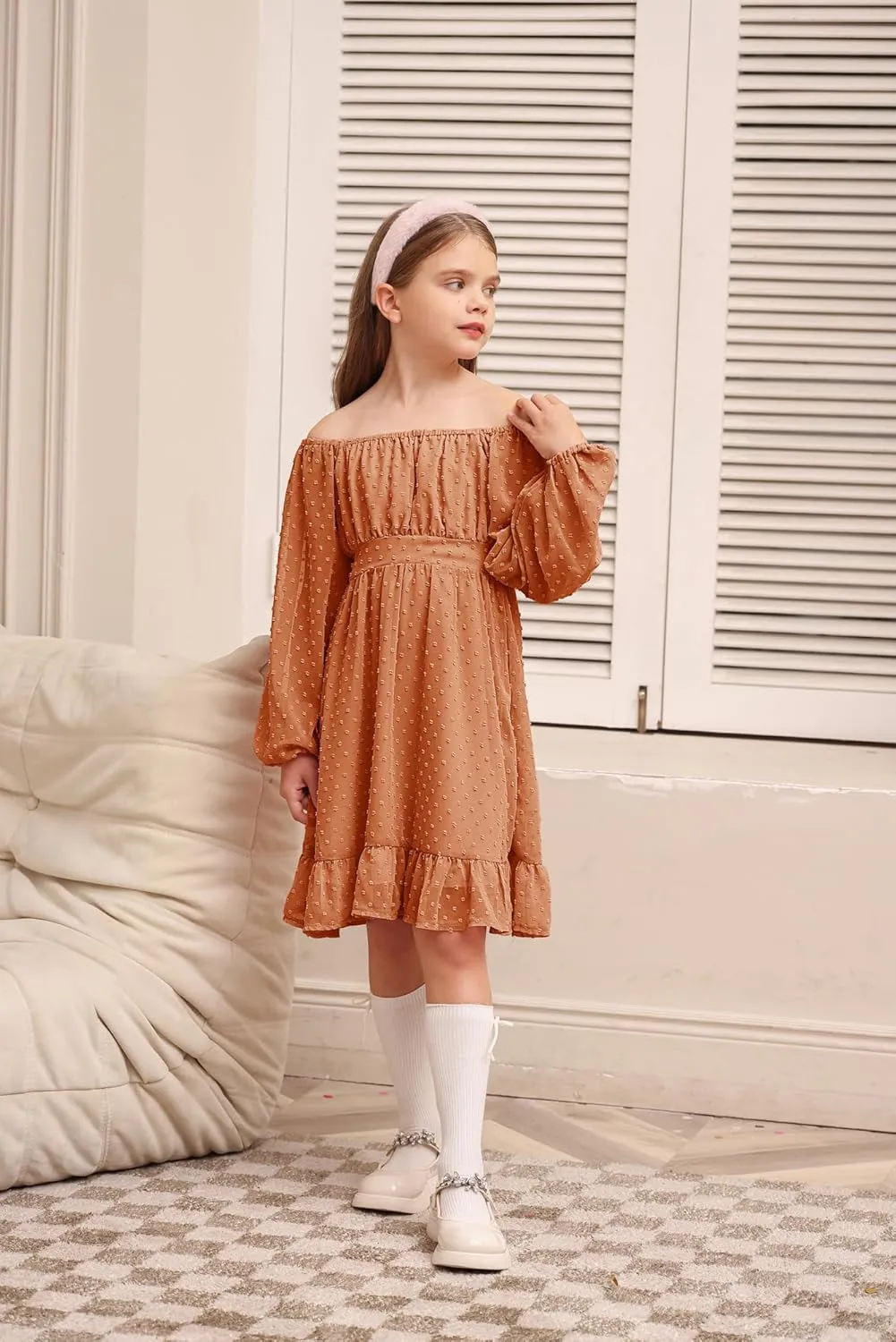 GRACE KARIN Girls Ruffle Tiered Dress Long Sleeve Swiss Dot Flowy A-Line Dress 6-14Y